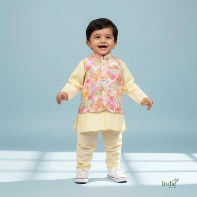 Yellow Kurta With Multifloral Printed Jacket And Pant