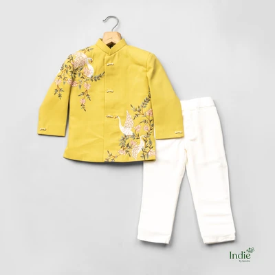 Multicolour Peacock Embroidered Mustard Kurta With Beige Pant