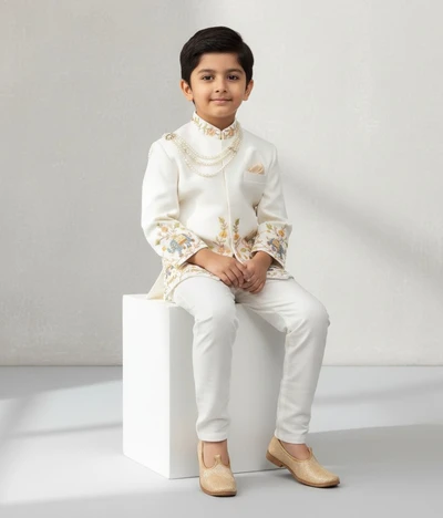 Elephant Embroidered White Kurta with Beige pant