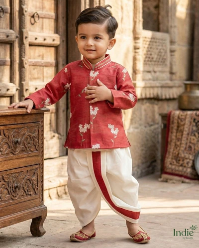 White Floral Embroidered Short Red Kurta With Dhoti