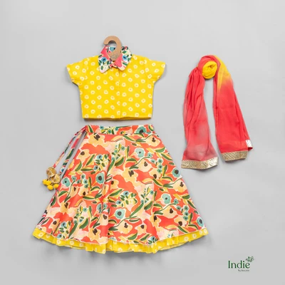 Yellow Floral Printed Collar Top And Pleated Lehanga