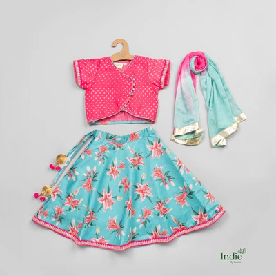 Pink Floral Printed Top And Blue Pleated Lehanga