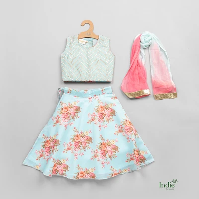 Blue Floral Rose Printed Skirt And Pleated Lehanga