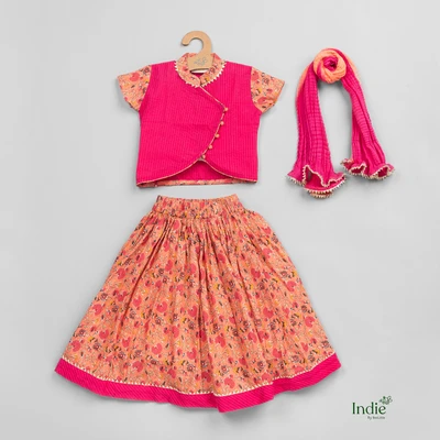 Pink Floral Printed Top And Orange Pleated Lehanga