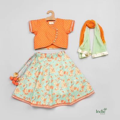 Floral Printed Orange Top And Teal Pleated Lehanga