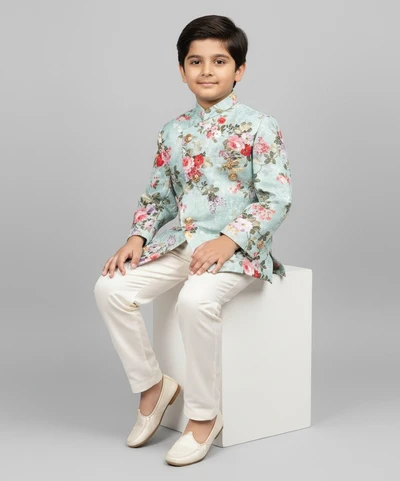 Multicolour Floral Embroidered Blue Kurta With Beige Pant