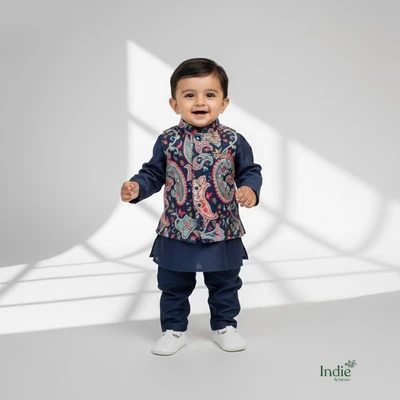 Blue Kurta With Multifloral Printed Jacket And Pant