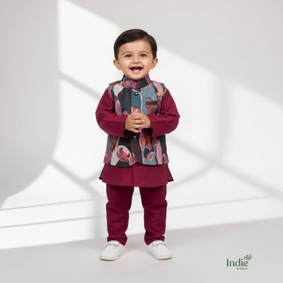 Magenta Kurta With Multifloral Printed Jacket And Pant