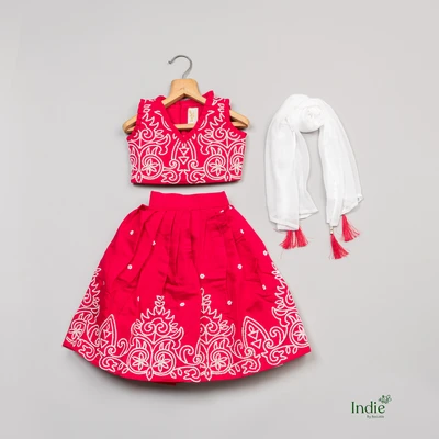 White Embroidered Rani Top And Skirt Choli