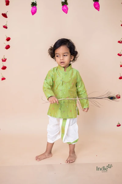 Multicolor Embroidered Mirrorwork Green Short Kurta With Dhoti