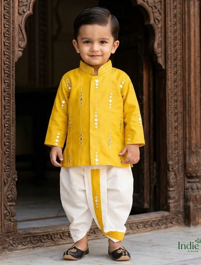 Vertical Embroidered Mirrorwork Yellow Short Kurta With Dhoti