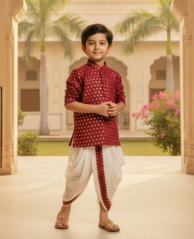 Golden Butta Embroidered Maroon Short Kurta With Dhoti