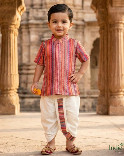 Multicolored Striped Short Kurta with Dhoti