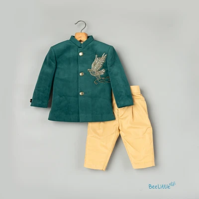 Golden Falcon Bird Embroided Green Kurta With Sandal Pant