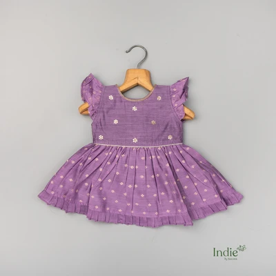 Purple Floral Emberoided Cap Sleeve Tie Up Frock