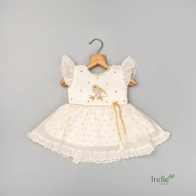 Off-White Golden Bird Emberoided Cap Sleeve Tie Up Frock