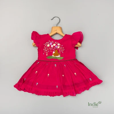 Dark Pink Floral Girl Emberoided Cap Sleeve Tie Up Frock
