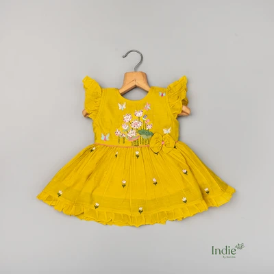 Lemon Yellow Leafy Floral Emberoided Cap Sleeve Tie Up Frock