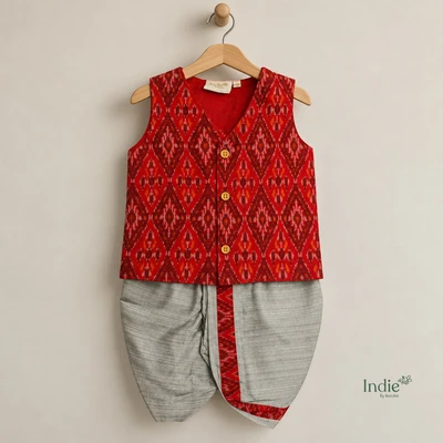 Red Silk Ikkat V-Neck Jabla With And Panjakajam