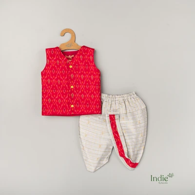 Red Silk Ikkat V-Neck Jabla With And Panjakajam