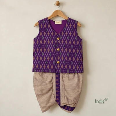 Violet Silk Ikkat V-Neck Jabla And Panjakajam
