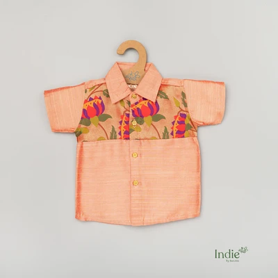 Peach Raw Silk Shirt with Paithani Patch