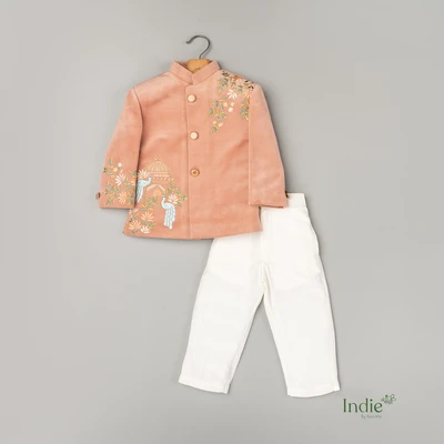 Classic Taupe Kurta With Peacock Embroidery Paired With Pant