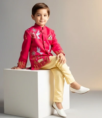 Rani Pink Kurta With Bird Embroidery Paired With Beige Pant