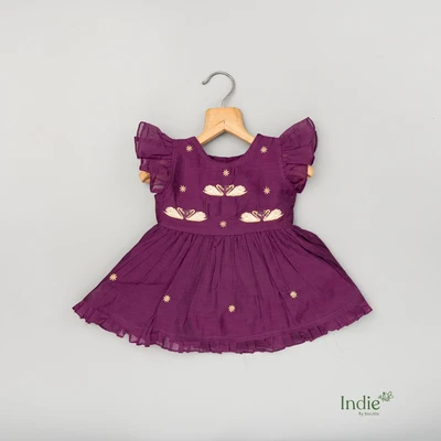 White Swan Embroidered Purple Cap Sleeve Tie-Up Frock