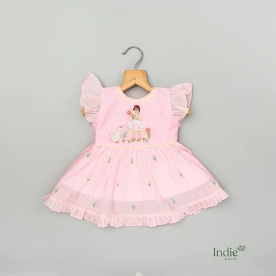 Girl With Duck Embroidered Baby Pink Frill Sleeve Tie-Up Frock