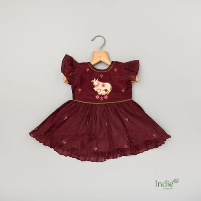 White Cow Embroidered Brown Cap Sleeve Tie-Up Frock