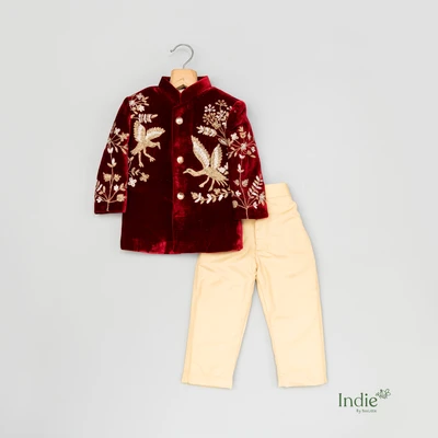 Golden Bird Embroidered Red Velvet Kurta With Beige Pant