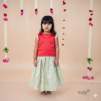 Dark Pink Top And Golden Embroidered Pastel Blue Skirt Choli