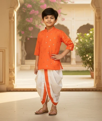 Orange Sequence Work Short Kurta With Dhoti