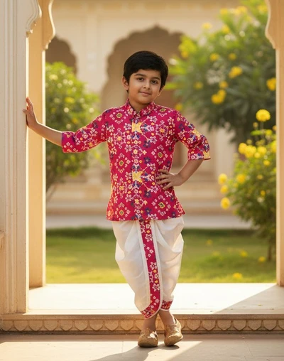 Rani Pink Printed Short Kurta With Dhoti