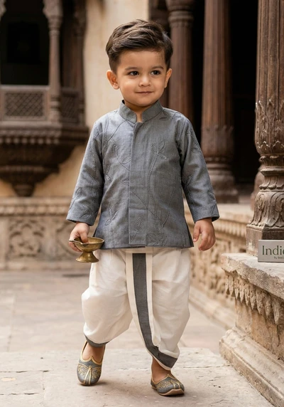 Grey Embroidered Short Kurta WithDhoti