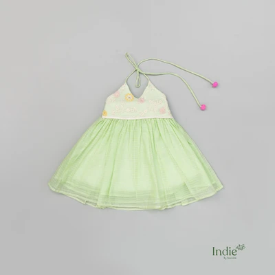 Green Kota Doria Alter Neck Frock