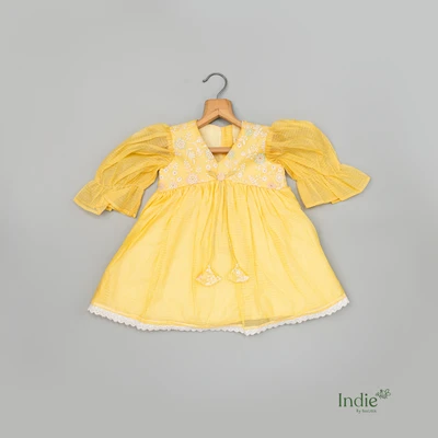 Yellow Kota Doria Embroidered Frock