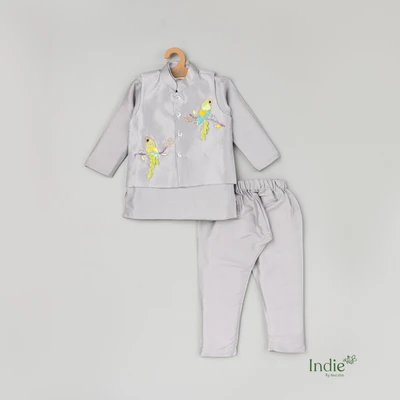 Grey Parrot Hand Embroidered Waist Coat Set