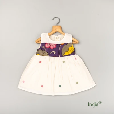 White Polka Jamdani With Kalamkari Yoke Frock