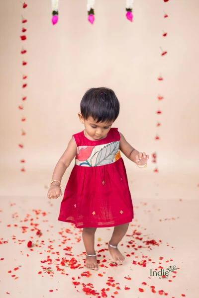 Maroon Butta Jamdani With Kalamkari Yoke Frock
