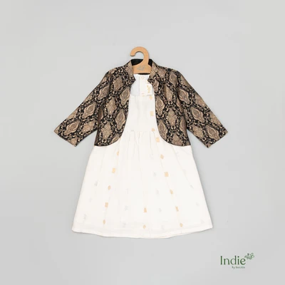 White Raw Silk Butta Dress With Black Brocade Coat