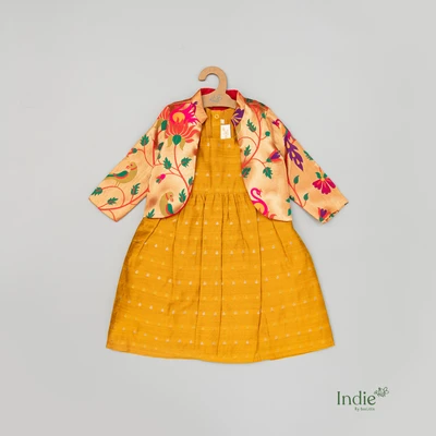 Mustard Raw Silk Butta Dress With Paithani Coat