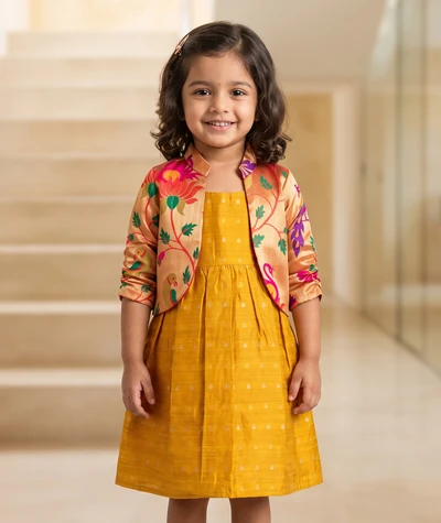 Mustard Raw Silk Butta Dress With Paithani Coat