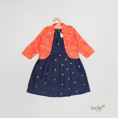Navy Raw Silk Butta Dress With Orange Organza Coat