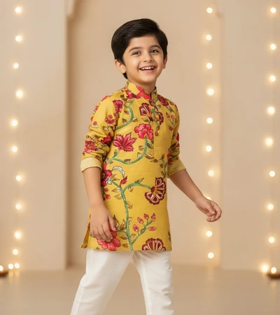 Pink Floral Printed With Mustard Kurta And White Pant