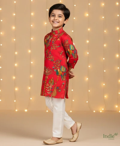 Flower Garden Printed With Red Kurta And White Pant