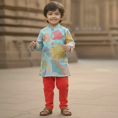 Teal Blue Floral Printed Kurta With Red Pant