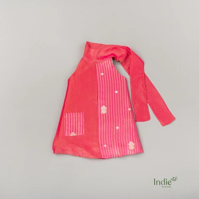 Dark Pink With Golden Sari Necktie A-Line Frock