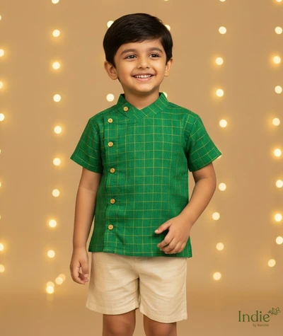 Green Zari Checks Side Placket Shirt And Shorts